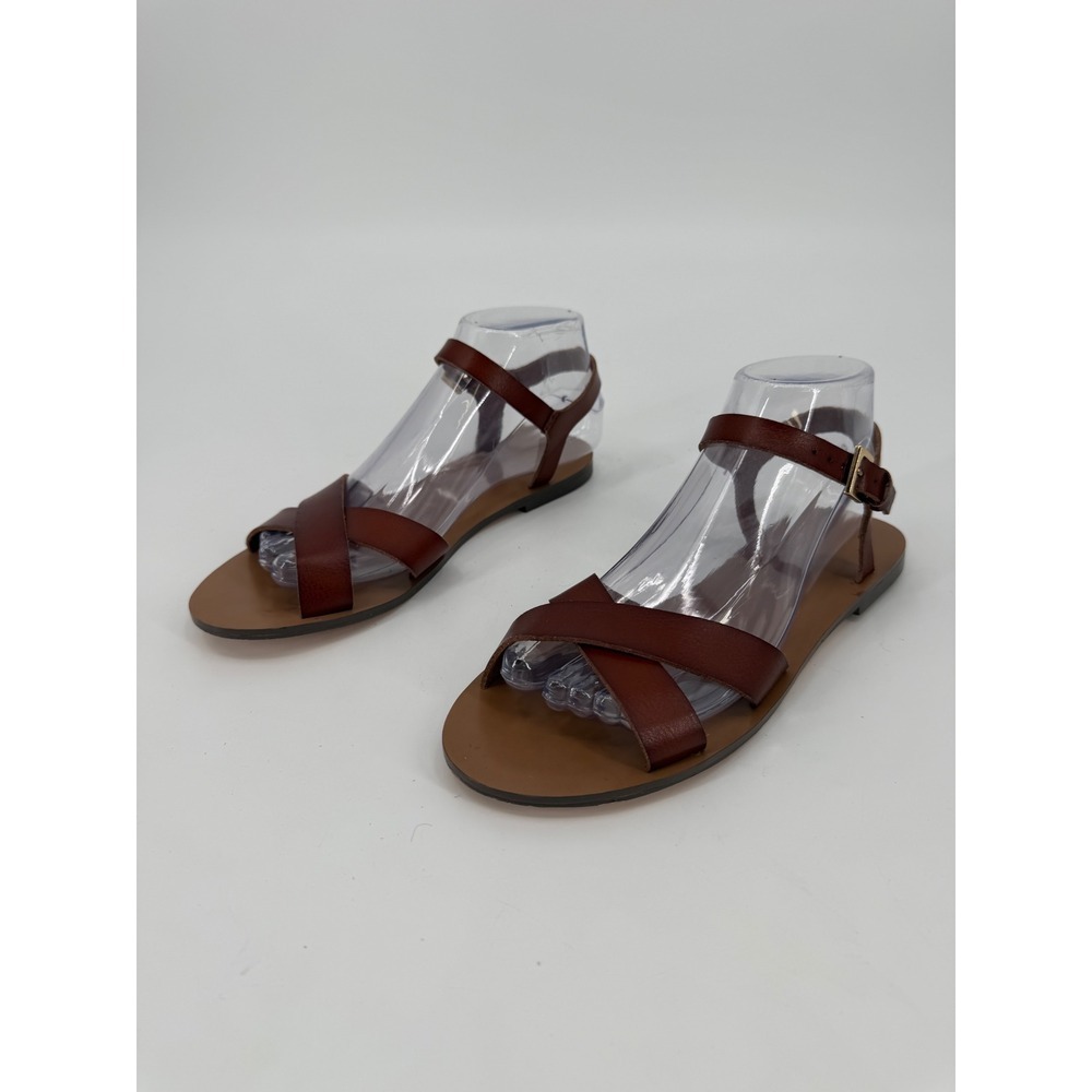 J.Crew Womens Cognac Brown Leather Crisscross Ankle Strap Flat Sandals Size 7